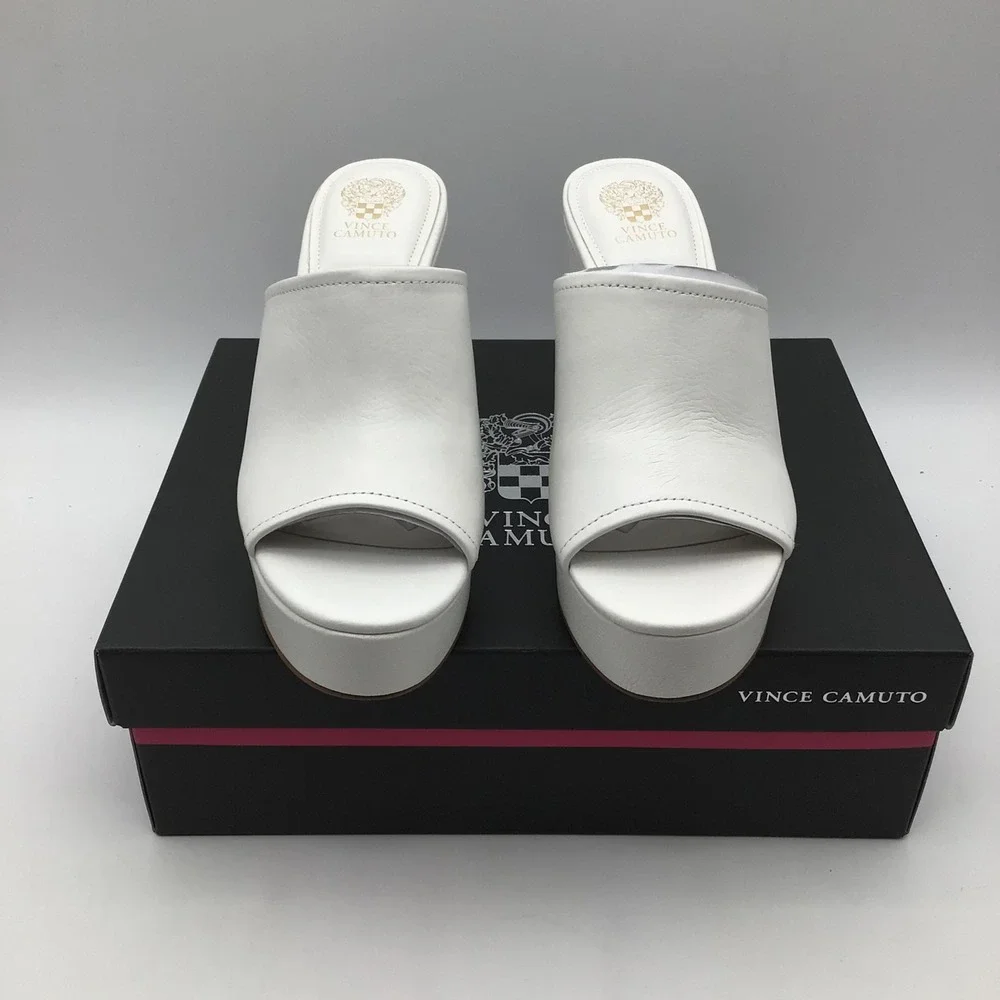 Vince Camuto Etta White Leather Platform Wedge Sandals Mules Size 7.5 M NEW